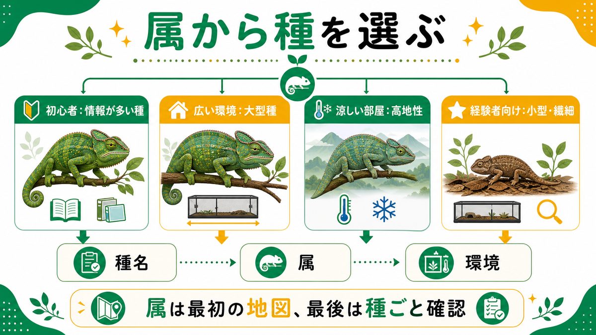 属から飼う種を選ぶにはの要点をまとめたカメレオン・爬虫類飼育インフォグラフィック
