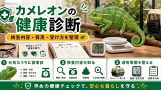 カメレオンに健康診断は必要？動物病院での検査内容・費用・受け方を徹底解説の要点を伝えるカメレオン・爬虫類記事アイキャッチ画像