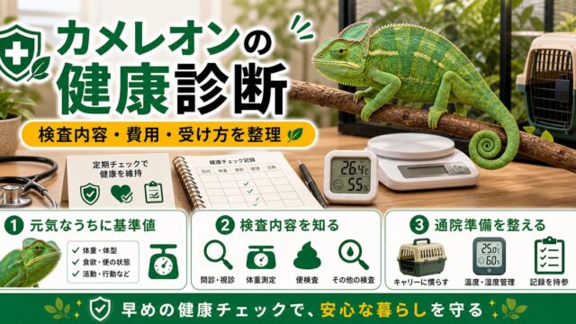 カメレオンに健康診断は必要？動物病院での検査内容・費用・受け方を徹底解説の要点を伝えるカメレオン・爬虫類記事アイキャッチ画像