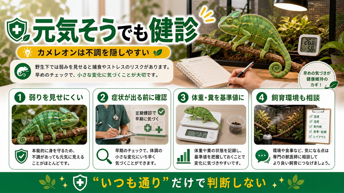 カメレオンに健康診断は必要？（体調を隠す習性）の要点をまとめたカメレオン・爬虫類飼育インフォグラフィック