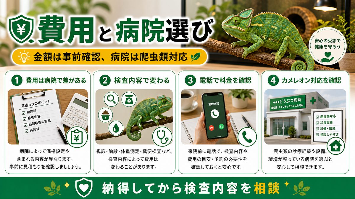 費用の目安と病院の選び方の要点をまとめたカメレオン・爬虫類飼育インフォグラフィック