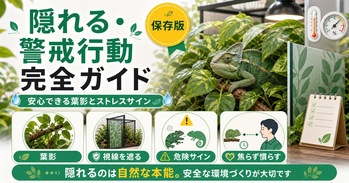 カメレオンの隠れる・警戒行動完全ガイド｜身を隠す心理とストレスサインを徹底解説の要点を伝えるカメレオン・爬虫類記事アイキャッチ画像