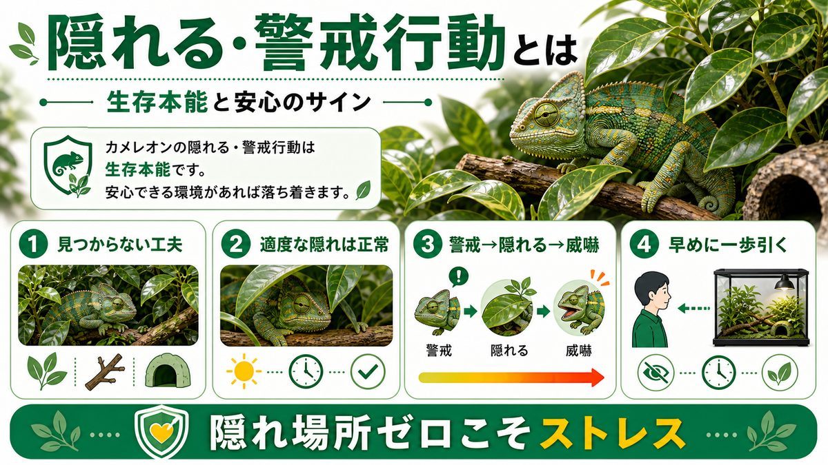 カメレオンの隠れる・警戒行動とはの要点をまとめたカメレオン・爬虫類飼育インフォグラフィック