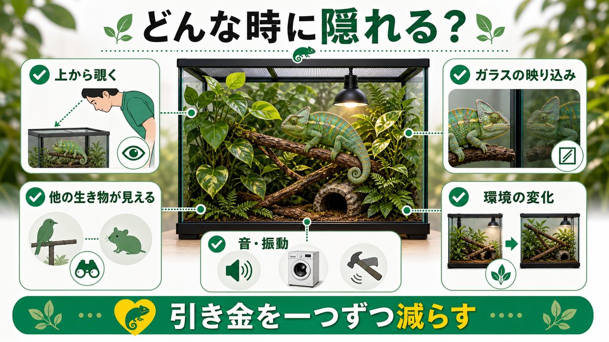 どんな時に隠れる・警戒するのかの要点をまとめたカメレオン・爬虫類飼育インフォグラフィック