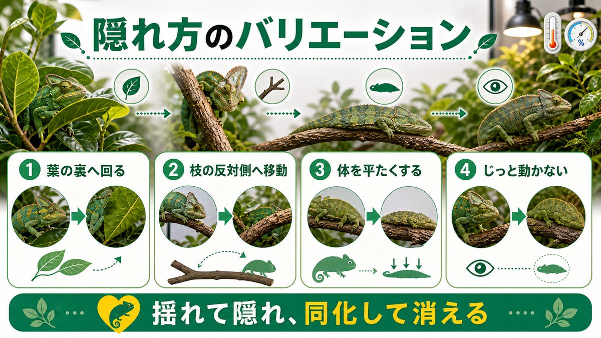 隠れ方のバリエーション（同化・移動）の要点をまとめたカメレオン・爬虫類飼育インフォグラフィック