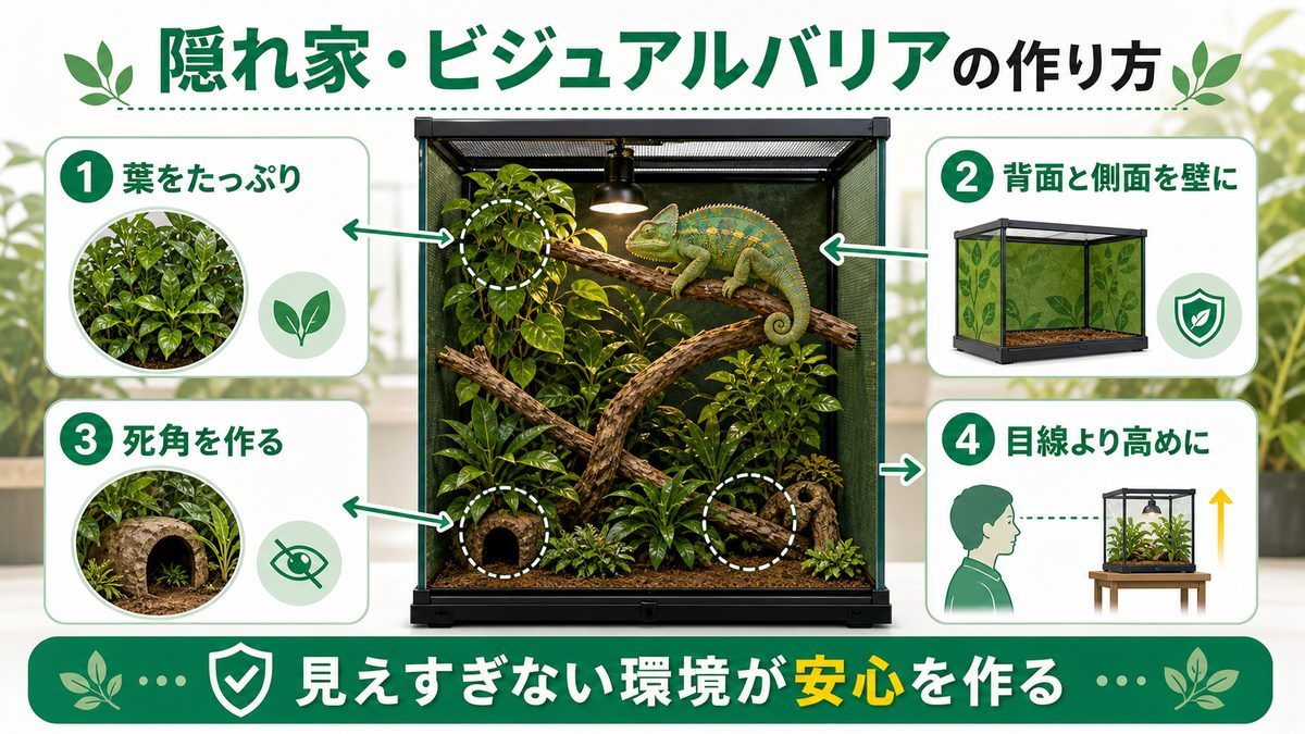 隠れ家・ビジュアルバリアの作り方の要点をまとめたカメレオン・爬虫類飼育インフォグラフィック