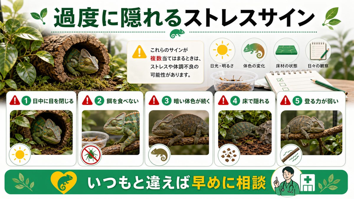 過度に隠れる＝ストレスサインの見極めの要点をまとめたカメレオン・爬虫類飼育インフォグラフィック