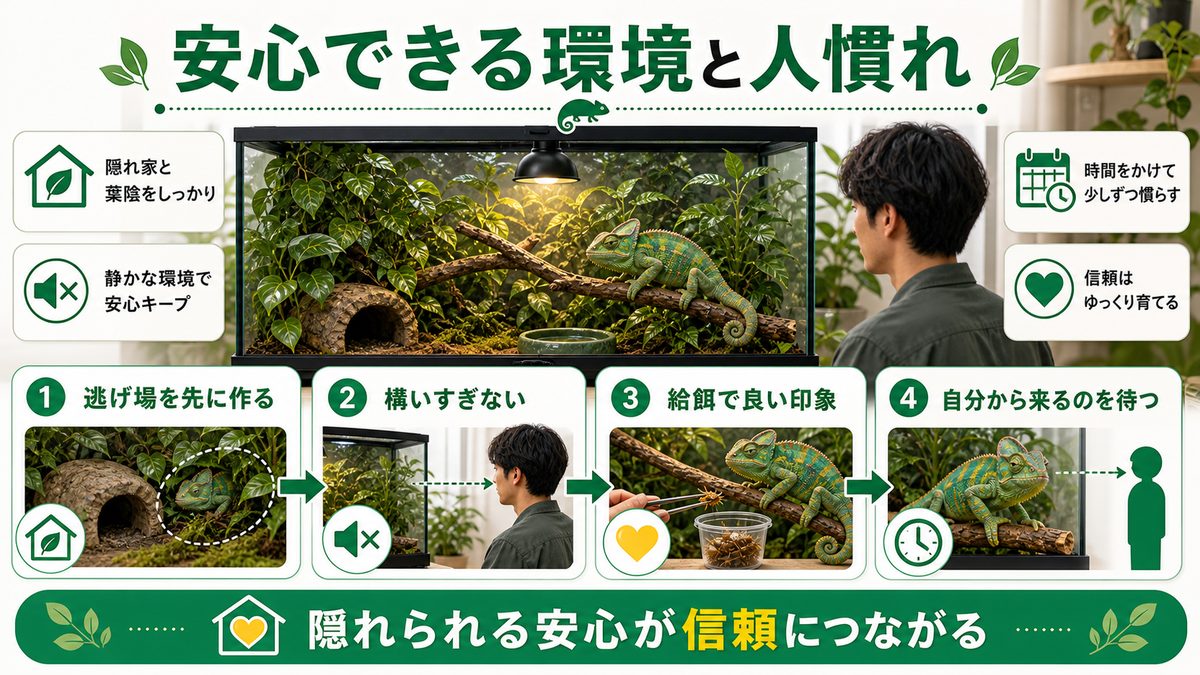 安心できる環境づくりと人慣れの要点をまとめたカメレオン・爬虫類飼育インフォグラフィック