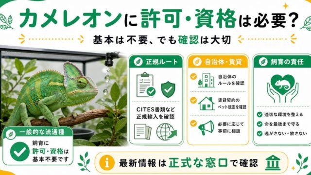 カメレオンの飼育に許可・資格は必要？法律・届出・お迎え前に知るべきルールの要点を伝えるカメレオン・爬虫類記事アイキャッチ画像