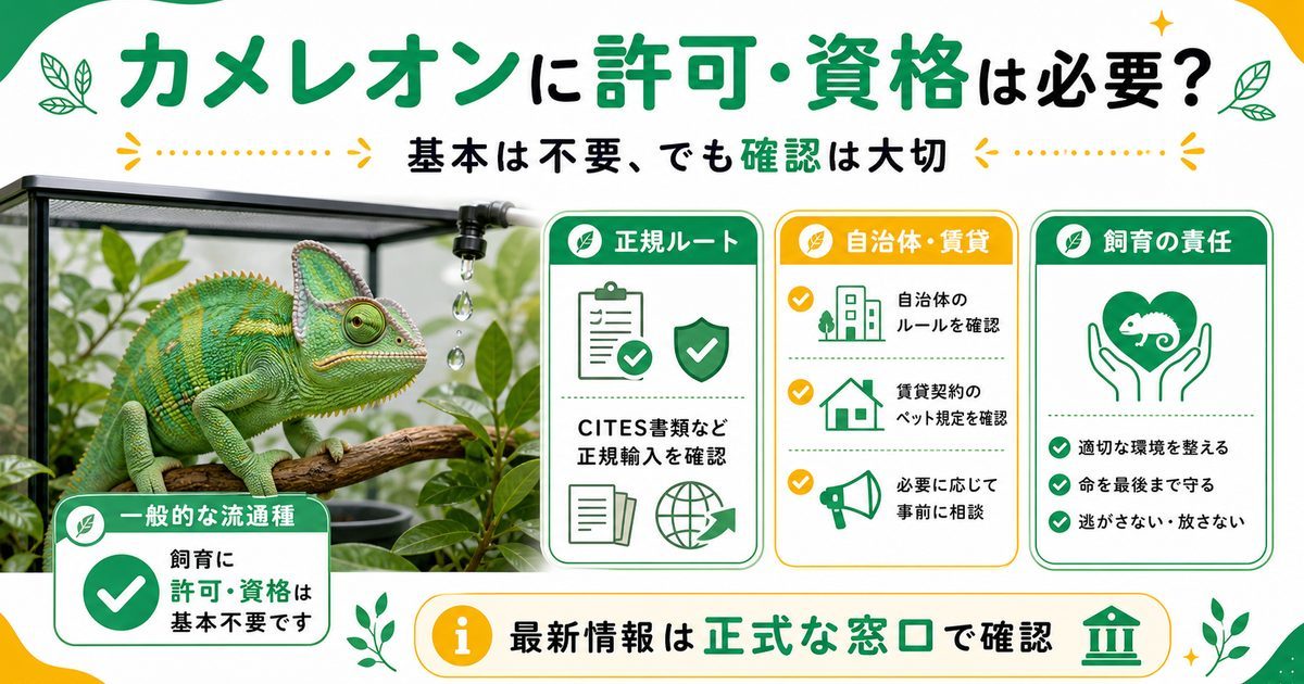 カメレオンの飼育に許可・資格は必要？法律・届出・お迎え前に知るべきルールの要点を伝えるカメレオン・爬虫類記事アイキャッチ画像