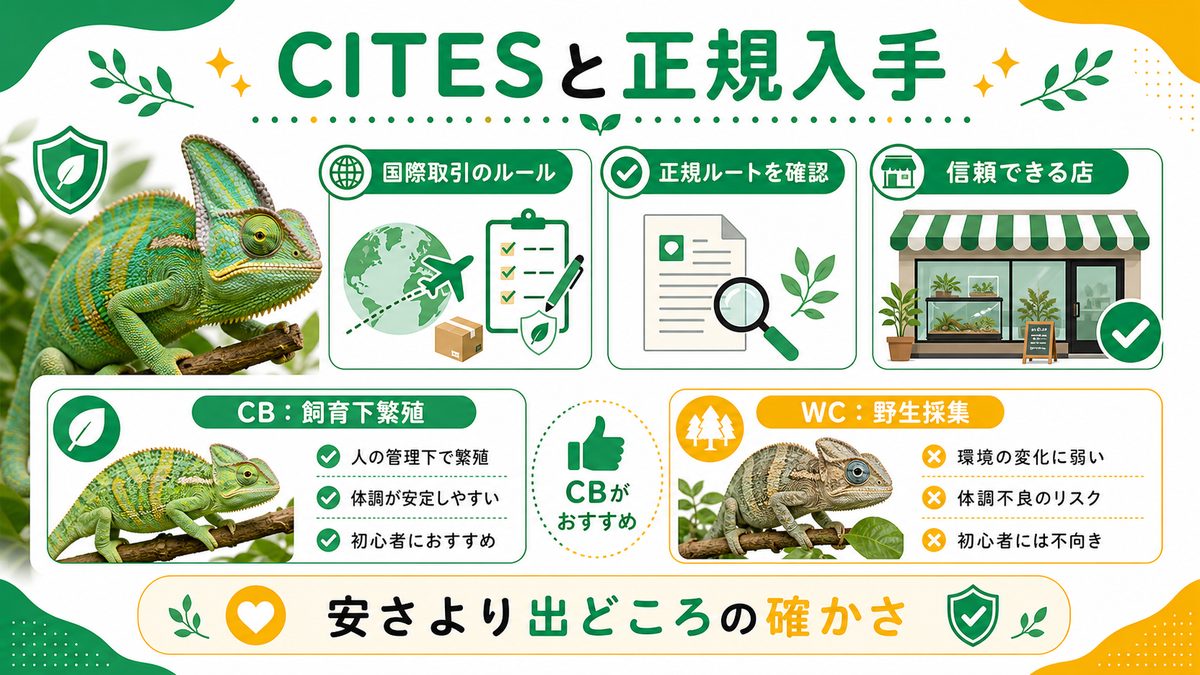 CITES（ワシントン条約）と正規入手の大切さの要点をまとめたカメレオン・爬虫類飼育インフォグラフィック