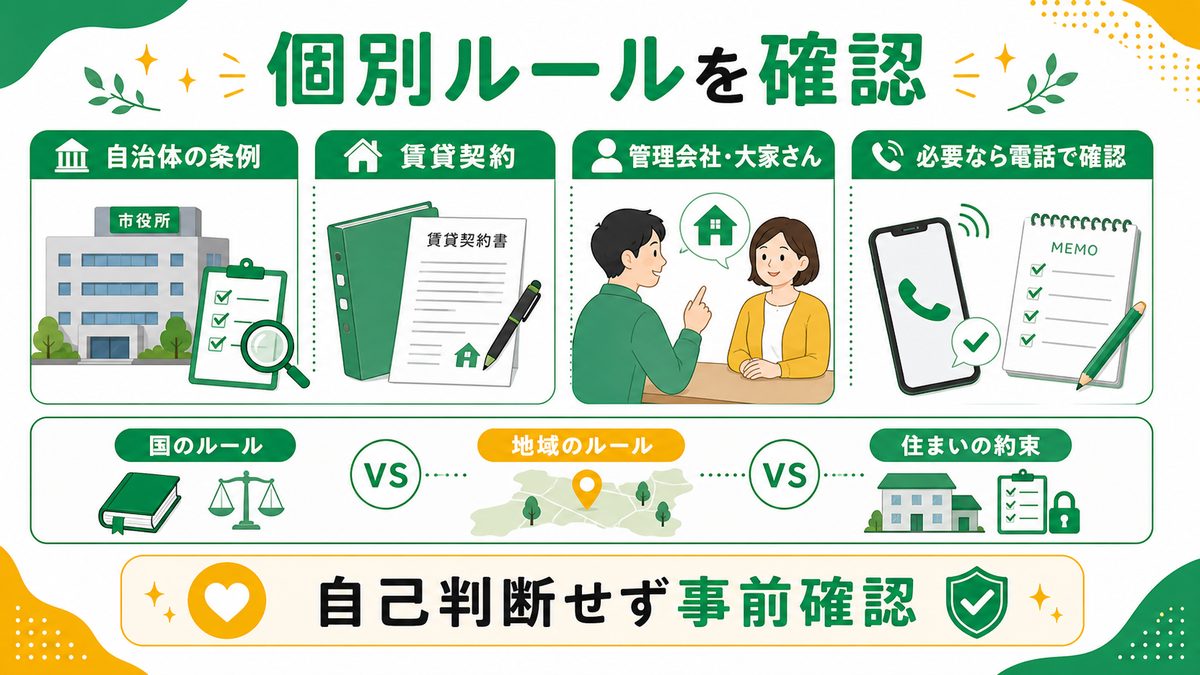 自治体の条例・賃貸など、個別に確認すべきルールの要点をまとめたカメレオン・爬虫類飼育インフォグラフィック