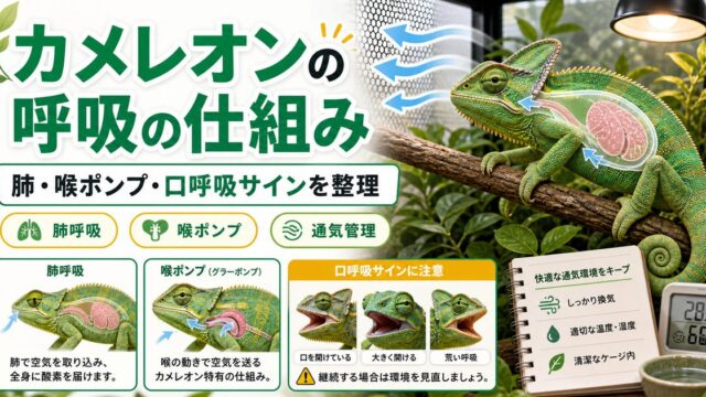 カメレオンの呼吸の仕組み完全ガイド｜肺・喉ポンプ・口呼吸サインと呼吸器を守る飼育を徹底解説の要点を伝えるカメレオン・爬虫類記事アイキャッチ画像