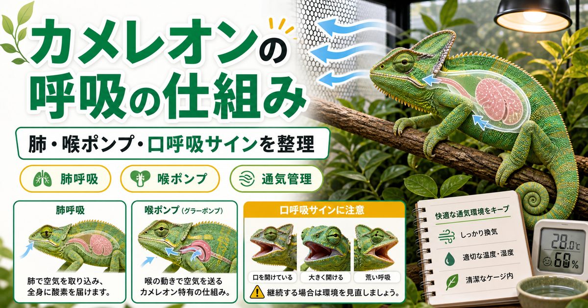 カメレオンの呼吸の仕組み完全ガイド｜肺・喉ポンプ・口呼吸サインと呼吸器を守る飼育を徹底解説の要点を伝えるカメレオン・爬虫類記事アイキャッチ画像