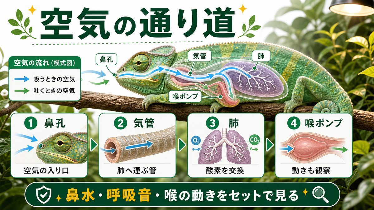 カメレオンの呼吸器の仕組み｜空気はどこを通る？の要点をまとめたカメレオン・爬虫類飼育インフォグラフィック