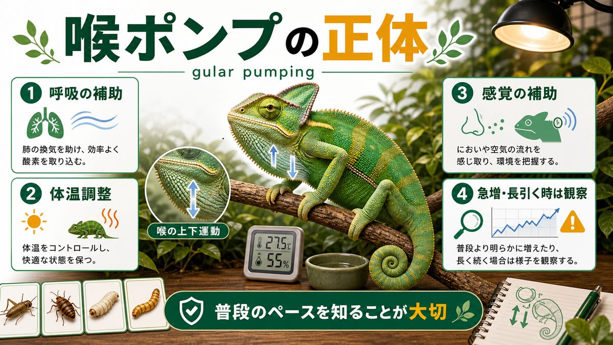 喉ポンプ(gular pumping)とは｜あの喉の動きの正体の要点をまとめたカメレオン・爬虫類飼育インフォグラフィック