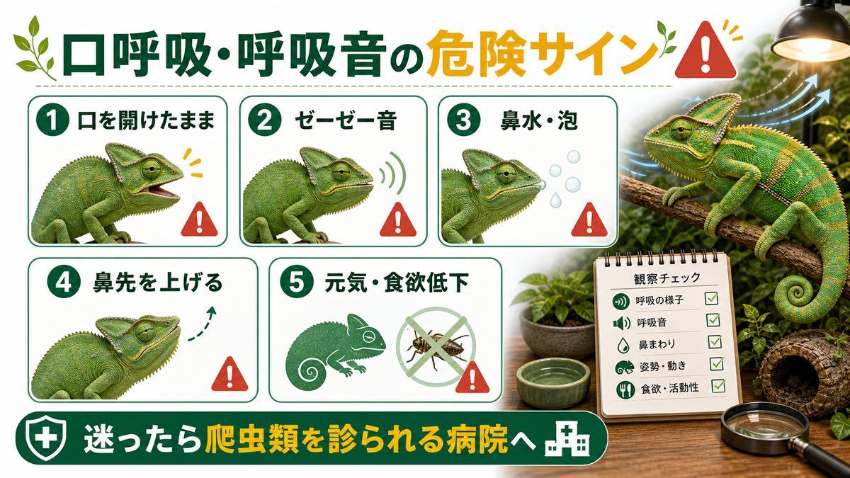 口呼吸・異常な呼吸音は危険サイン｜見逃さないチェックの要点をまとめたカメレオン・爬虫類飼育インフォグラフィック