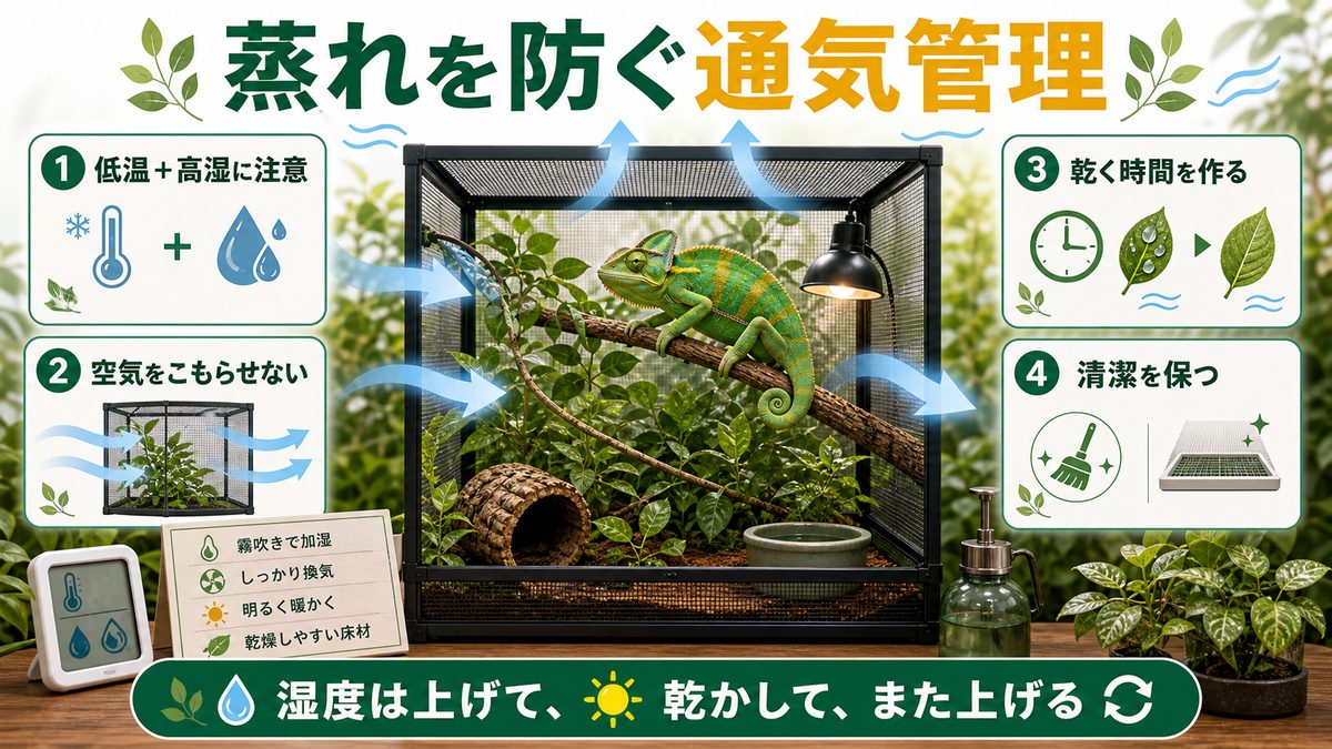 呼吸器感染と通気の重要性｜なぜ「蒸れ」が大敵なのかの要点をまとめたカメレオン・爬虫類飼育インフォグラフィック