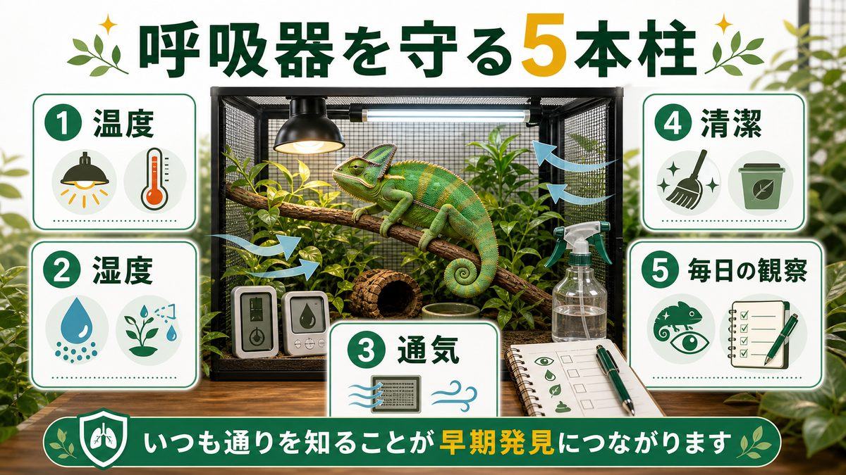 健康な呼吸を保つ環境づくり｜今日からできることの要点をまとめたカメレオン・爬虫類飼育インフォグラフィック