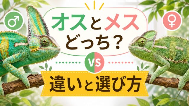 カメレオンはオスとメスどっちが飼いやすい？性別による違いと選び方の要点を伝えるカメレオン・爬虫類記事アイキャッチ画像