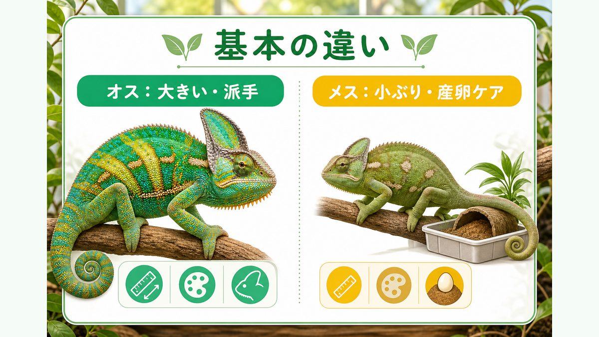 カメレオンのオスとメスの基本的な違いの要点をまとめたカメレオン・爬虫類飼育インフォグラフィック