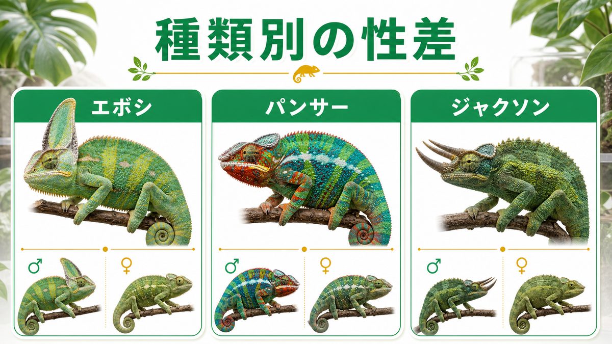 種類別の傾向（エボシ・パンサー等）の要点をまとめたカメレオン・爬虫類飼育インフォグラフィック