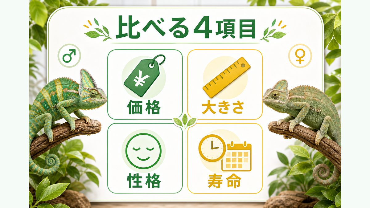 価格・大きさ・性格・寿命の違いの要点をまとめたカメレオン・爬虫類飼育インフォグラフィック