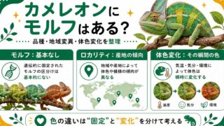 カメレオンにモルフはある？品種・色変わり・地域変異の真相を徹底解説の要点を伝えるカメレオン・爬虫類記事アイキャッチ画像
