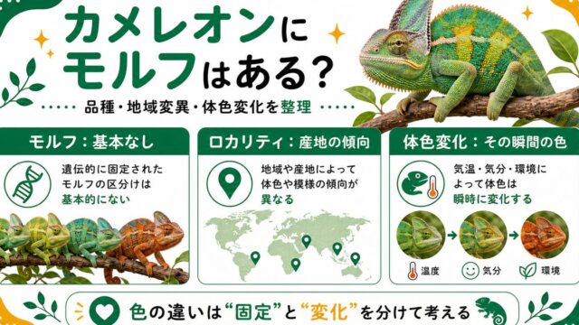 カメレオンにモルフはある？品種・色変わり・地域変異の真相を徹底解説の要点を伝えるカメレオン・爬虫類記事アイキャッチ画像