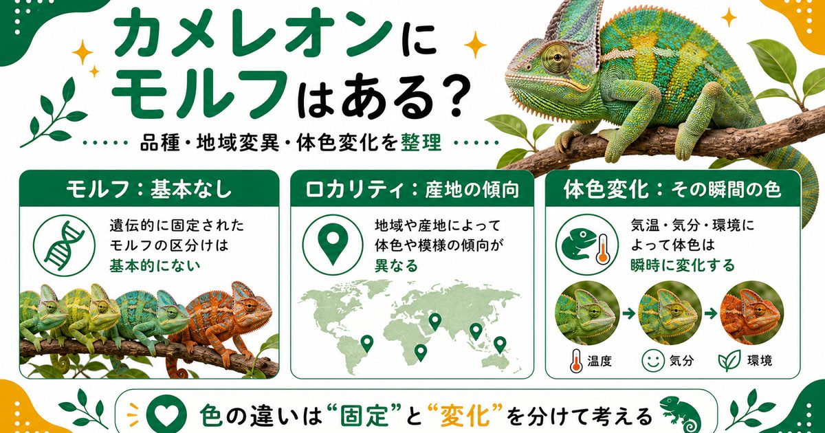 カメレオンにモルフはある？品種・色変わり・地域変異の真相を徹底解説の要点を伝えるカメレオン・爬虫類記事アイキャッチ画像
