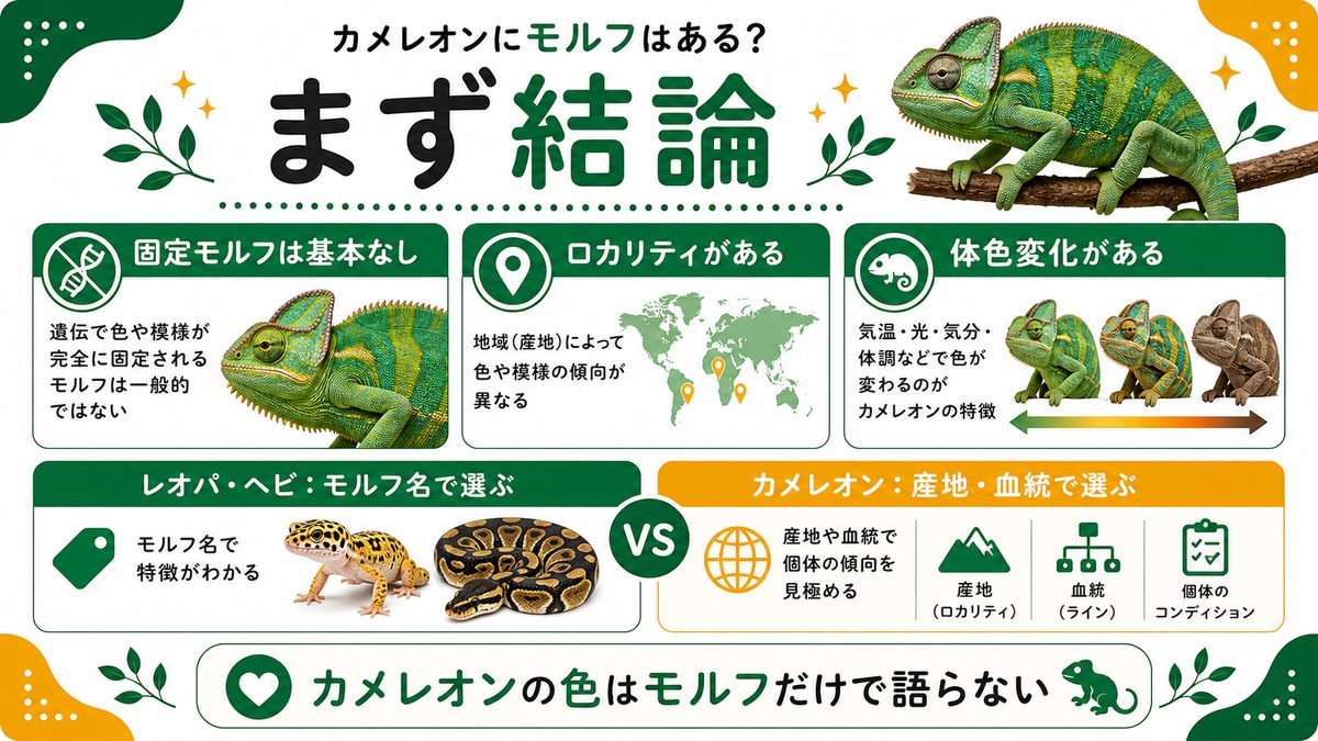 カメレオンにモルフはある?まずは結論からの要点をまとめたカメレオン・爬虫類飼育インフォグラフィック
