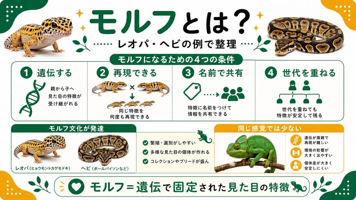 そもそも「モルフ」とは?レオパ・ヘビの例で整理の要点をまとめたカメレオン・爬虫類飼育インフォグラフィック