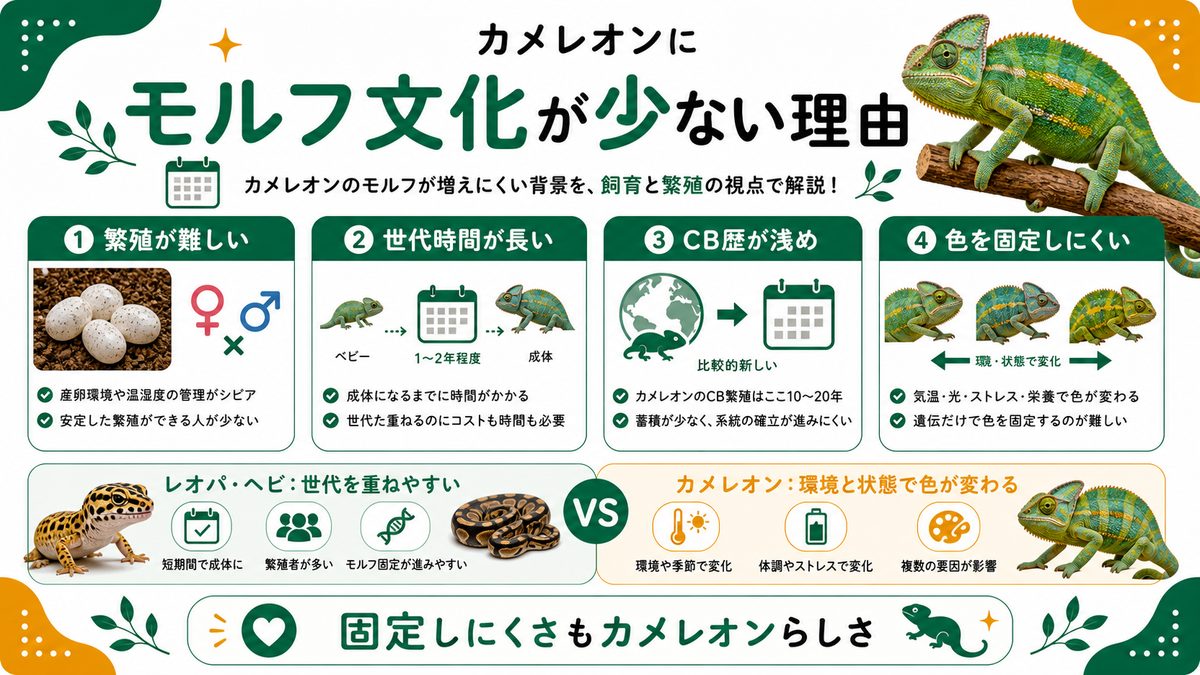 カメレオンにモルフ文化が少ない理由の要点をまとめたカメレオン・爬虫類飼育インフォグラフィック
