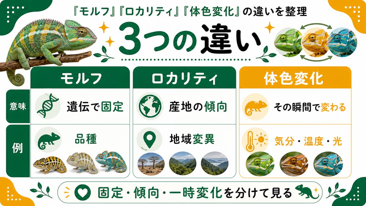 「モルフ」「ロカリティ」「体色変化」の違いを整理の要点をまとめたカメレオン・爬虫類飼育インフォグラフィック