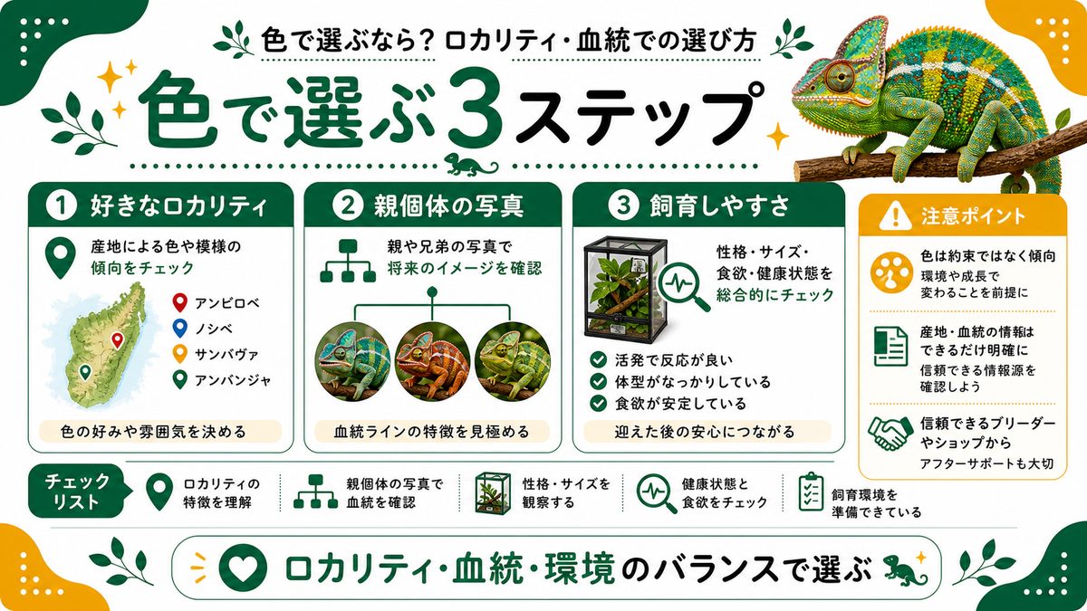 色で選ぶなら?ロカリティ・血統での選び方の要点をまとめたカメレオン・爬虫類飼育インフォグラフィック