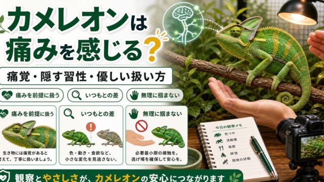カメレオンは痛みを感じる？痛覚のしくみと痛みを隠す習性・正しい扱い方を徹底解説の要点を伝えるカメレオン・爬虫類記事アイキャッチ画像
