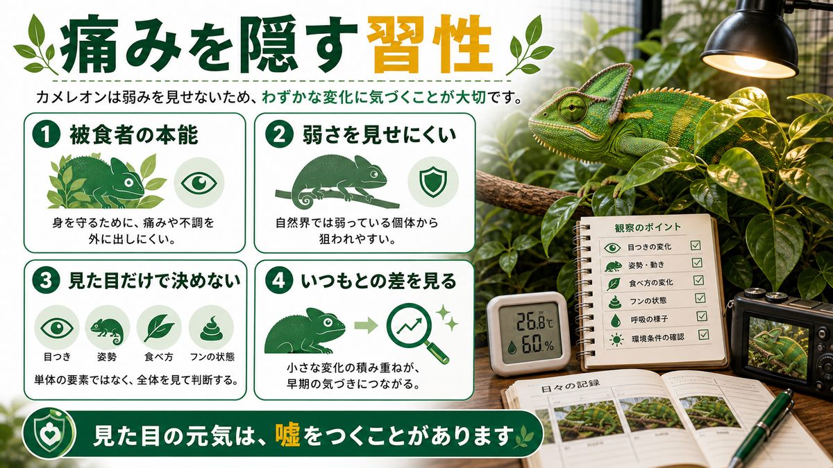 痛みを隠す習性(なぜ気づきにくいか)の要点をまとめたカメレオン・爬虫類飼育インフォグラフィック