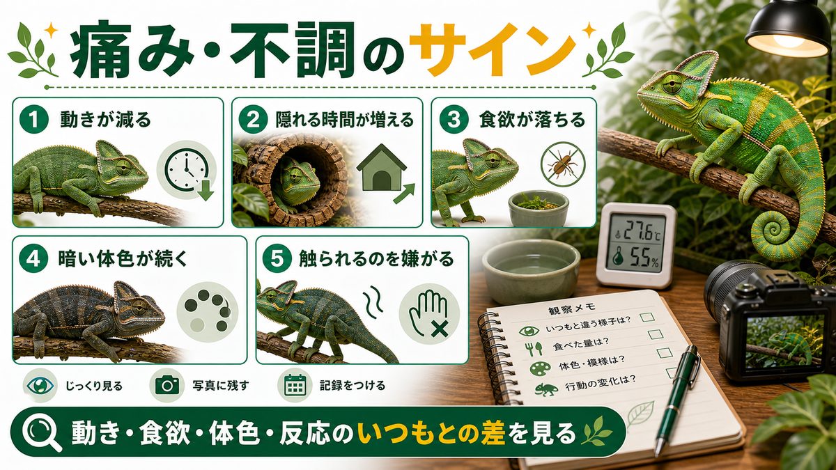 痛み・不調のサインを見抜くの要点をまとめたカメレオン・爬虫類飼育インフォグラフィック