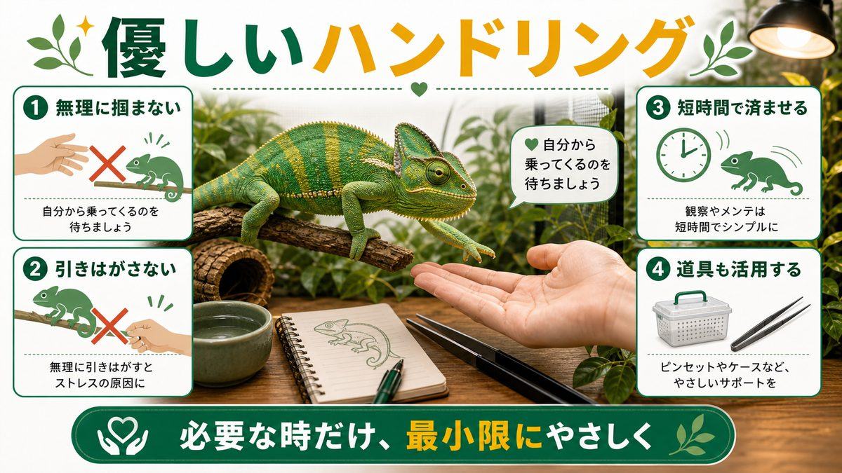 乱暴な扱いを避ける・優しいハンドリングの要点をまとめたカメレオン・爬虫類飼育インフォグラフィック