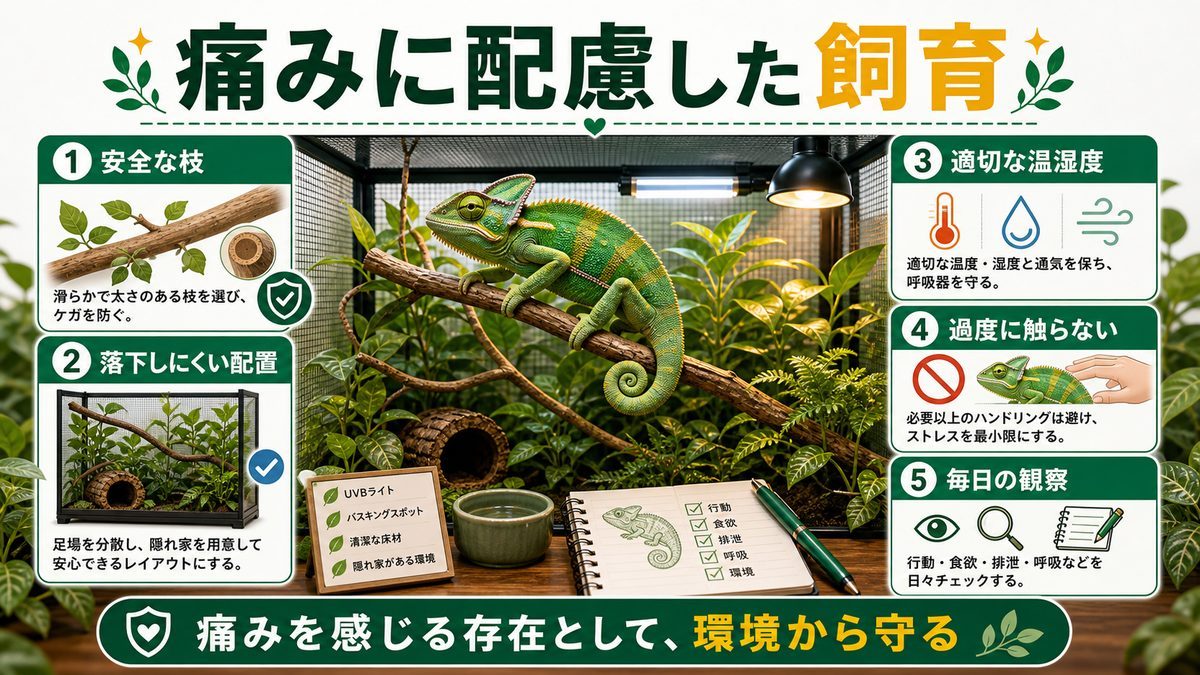 動物福祉と痛みに配慮した飼育の要点をまとめたカメレオン・爬虫類飼育インフォグラフィック