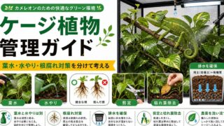 カメレオンのケージ植物を枯らさない管理完全ガイド｜土への水やり・根腐れ・安全な肥料・剪定・植え替えを徹底解説の要点を伝えるカメレオン・爬虫類記事アイキャッチ画像