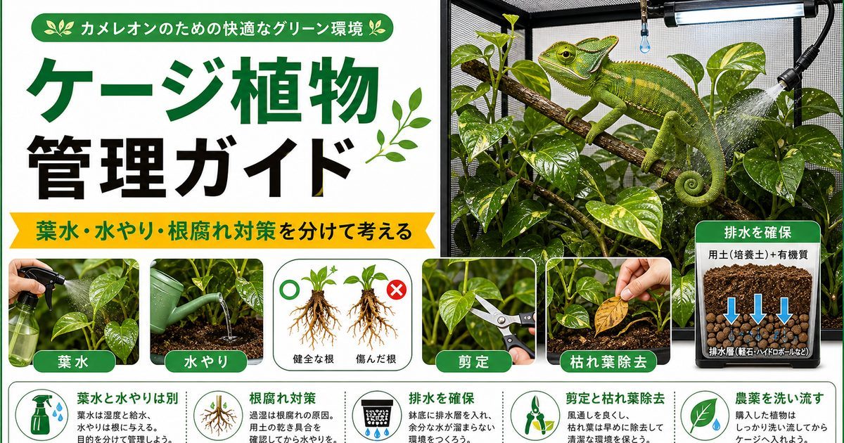 カメレオンのケージ植物を枯らさない管理完全ガイド｜土への水やり・根腐れ・安全な肥料・剪定・植え替えを徹底解説の要点を伝えるカメレオン・爬虫類記事アイキャッチ画像