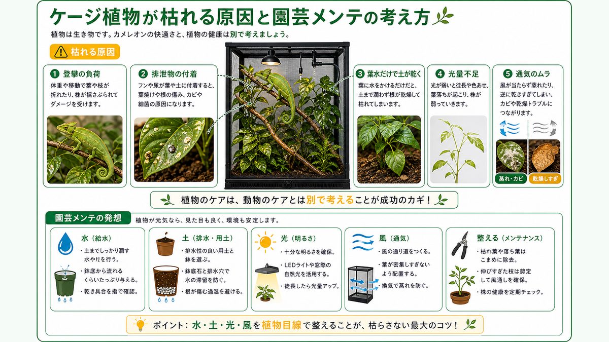 ケージ植物が枯れる原因と園芸メンテの考え方の要点をまとめたカメレオン・爬虫類飼育インフォグラフィック