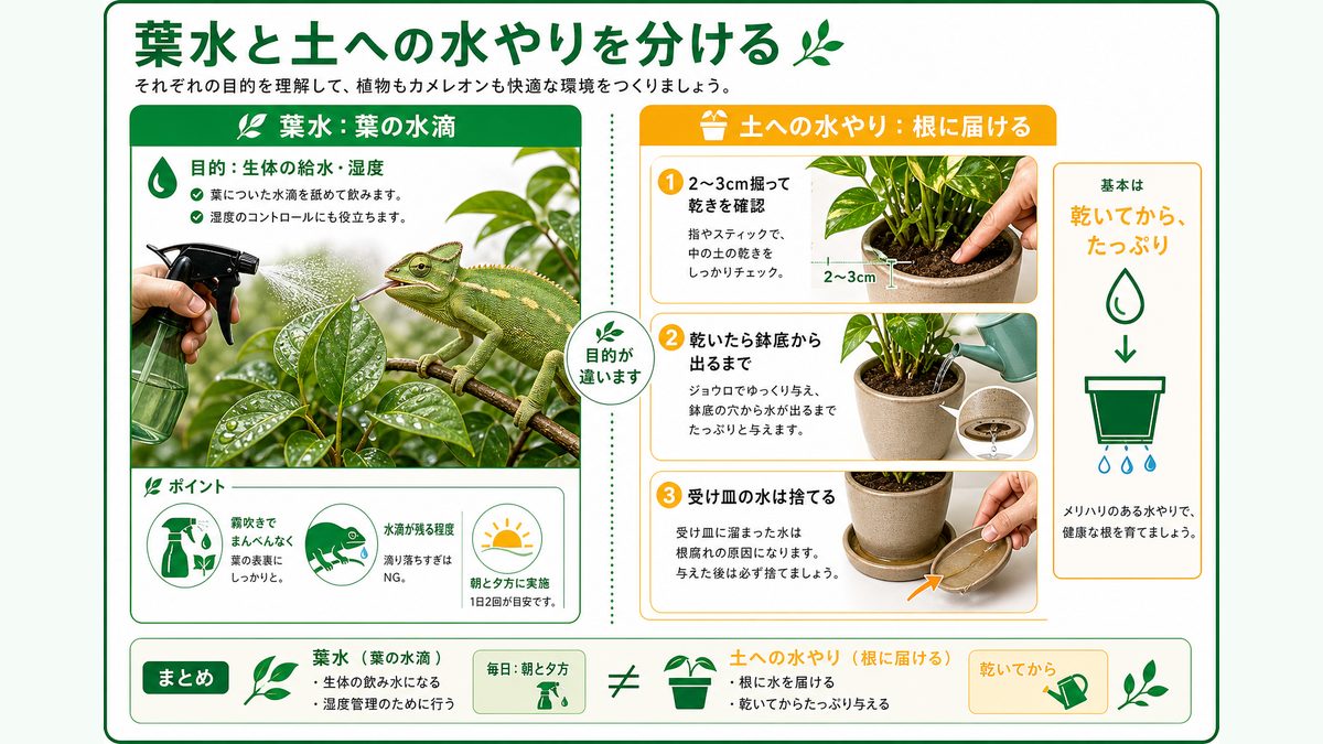 葉水と土への水やりを分けるの要点をまとめたカメレオン・爬虫類飼育インフォグラフィック