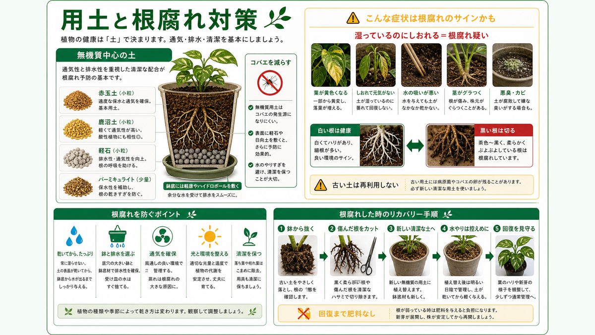 土・用土と根腐れ対策の要点をまとめたカメレオン・爬虫類飼育インフォグラフィック
