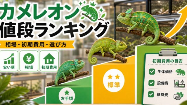 カメレオンの値段が安い順ランキング！種類別の購入価格相場とコスパで選ぶ初めての1匹を徹底比較の要点を伝えるカメレオン・爬虫類記事アイキャッチ画像