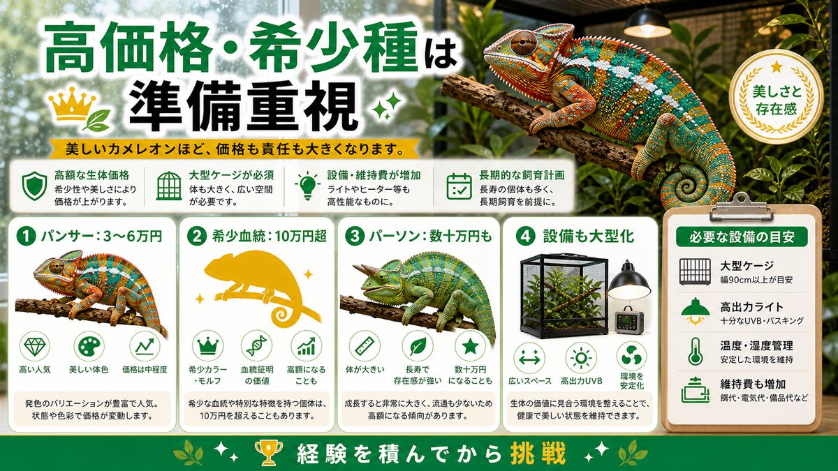 高価格・希少種(3万円〜)の要点をまとめたカメレオン・爬虫類飼育インフォグラフィック