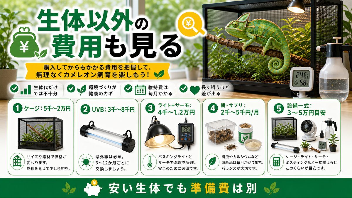 値段以外にかかる費用の要点をまとめたカメレオン・爬虫類飼育インフォグラフィック