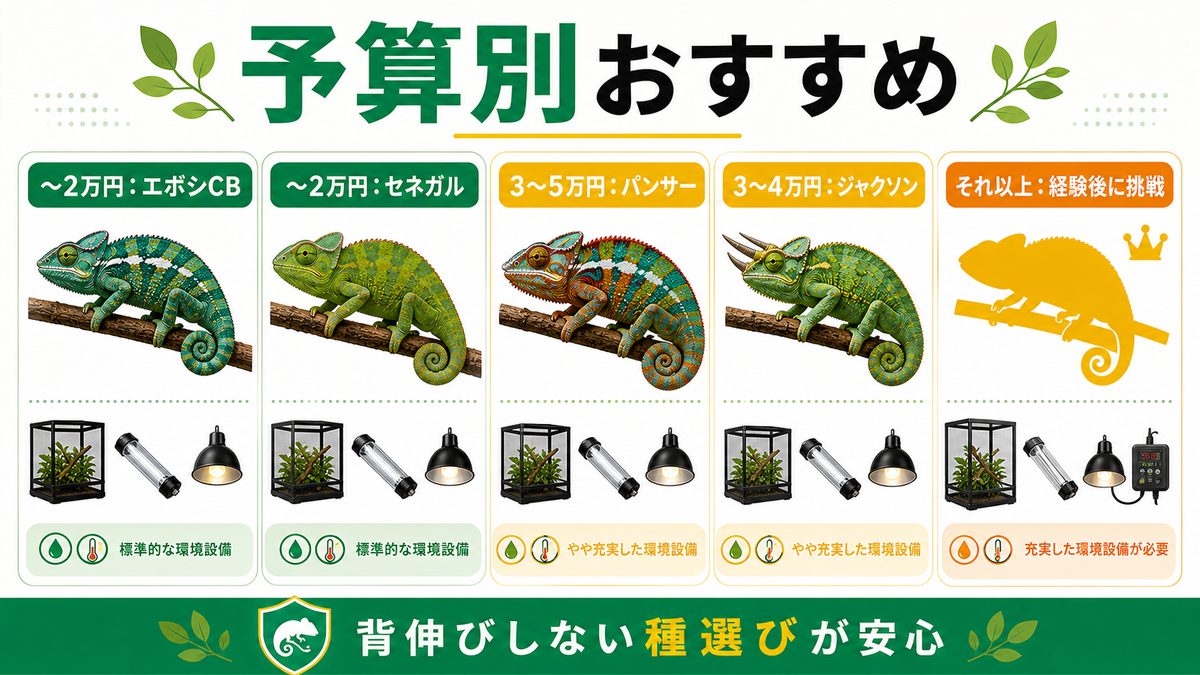 予算別おすすめの1匹の要点をまとめたカメレオン・爬虫類飼育インフォグラフィック
