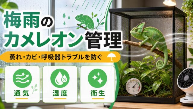 梅雨のカメレオン管理完全ガイド｜蒸れ・カビ・呼吸器トラブルを防ぐ通気と湿度コントロールを徹底解説の要点を伝えるカメレオン・爬虫類記事アイキャッチ画像